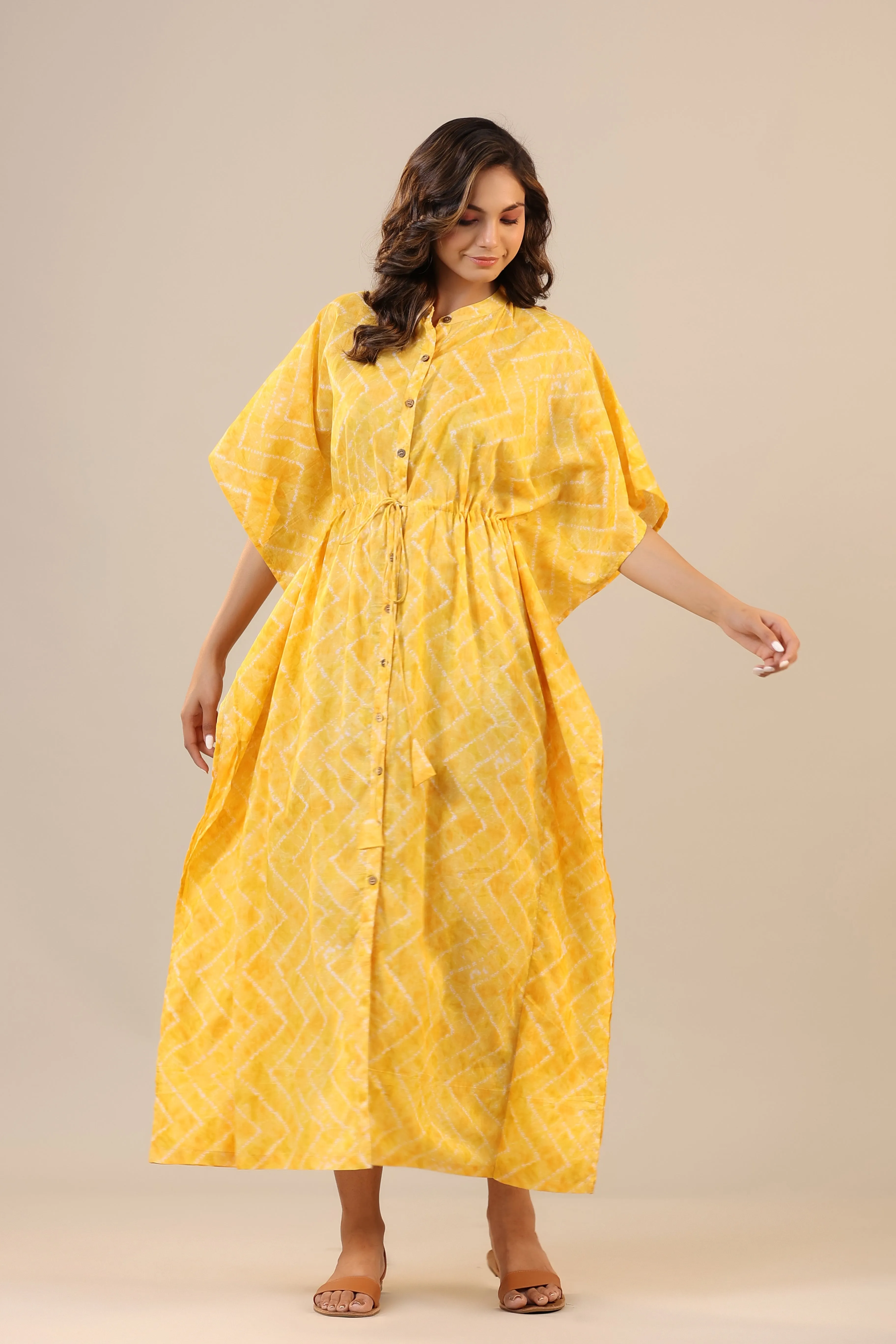 Zigzag Shibori on Yellow Front Buttoned cotton Kaftan